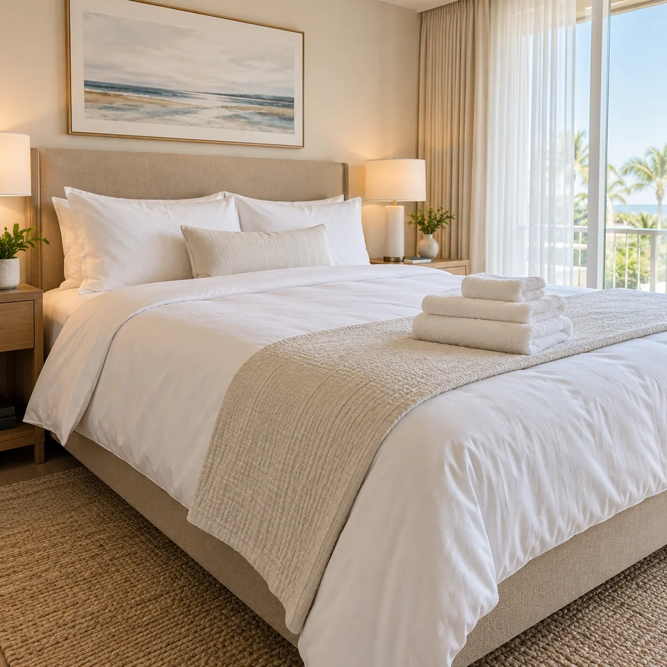 Hotel bedding and neatly folded towels