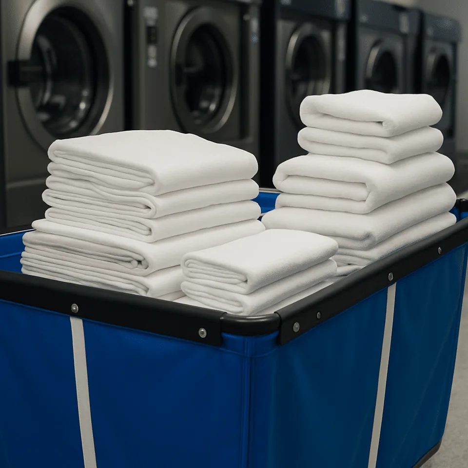 A linen cart packed with neatly folded white linens