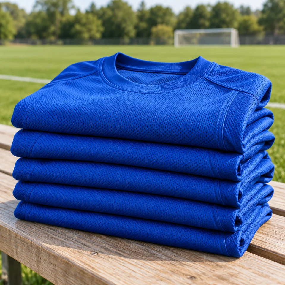 Folded blue athletic uniforms